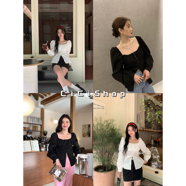 Cicishop(3139)เสื้อเเขนยาวปาดไหล่ ผ้าลินิน ดีเทลแหวกหน้า กระดุมใช้งานได้จริง เเมทช์ได้หลายสไตล์
