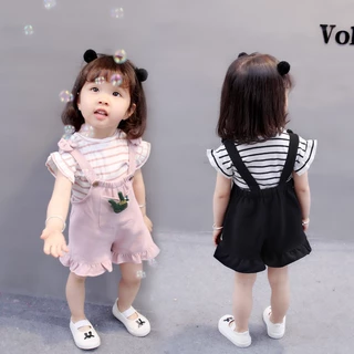 Babyonline(Y291)D3 (ส่งด่วน1วัน)ชุดเอี๊ยม2ชิ้นกางเกงขาสั้นเด็กผู้หญิงลายทางมีกิ๊ฟกระต่ายสุดน่ารัก ผ้านิ่ม ระบายอากาศ