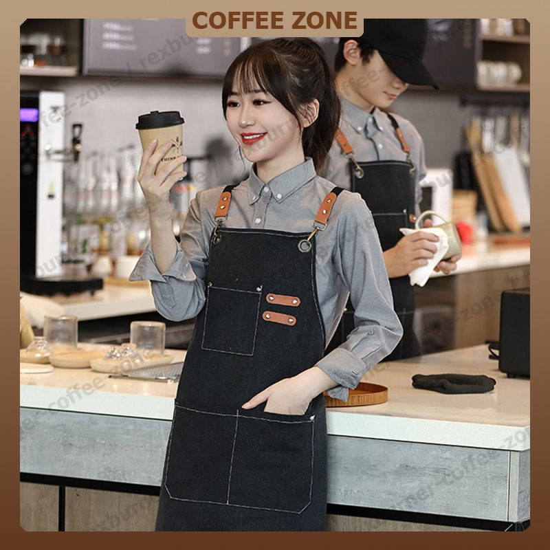 【สินค้าพร้อมส่ง】ผ้ากันเปื้อน กาแฟ ผ้ากันเปื้อนยีนส์ เหมาะสำหรับร้านกาแฟ ห้องครัว กันเปื้อนทำงานครัว เอี้ยมกันเปื้อน