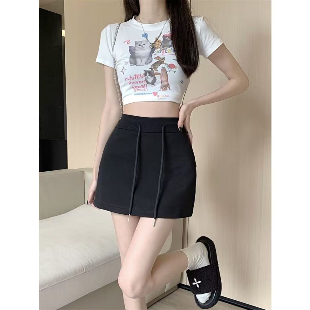 cherryshop🌸กระโปรงแฟชั่น ญ🍓กระโปรงสั้นยืดเอวยางยืดสีเทากระโปรงทรงเอแบบลำลองเอวสูงรัดสะโพกสีดำ - รูปที่ 4