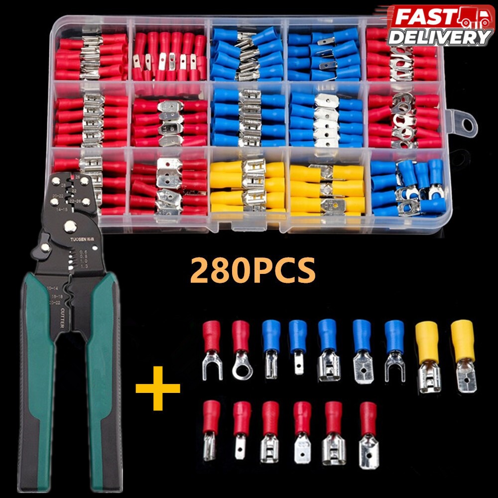 หางปลา 280 ชิ้น หางปลาแบน หางปลาแฉก หางปลากลม หุ้มฉนวน PVC 280 ชิ้น พร้อมกล่องและป้ายบอกขนาด ชุดหางปลาเชื่อมต่อสายไฟ สาย