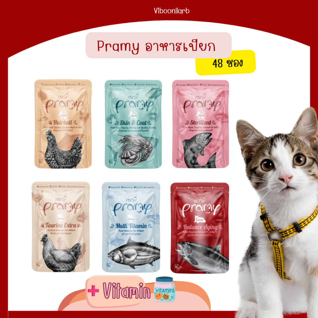 ส่งด่วนได้ของเลย🔥 Pramy Pouch อาหารแมวพรามี่  48 ซอง ผลิตจากปลาทูน่าเนื้อขาว ไม่เติมเกลือ ลดกังวลเรื่องโรคไต