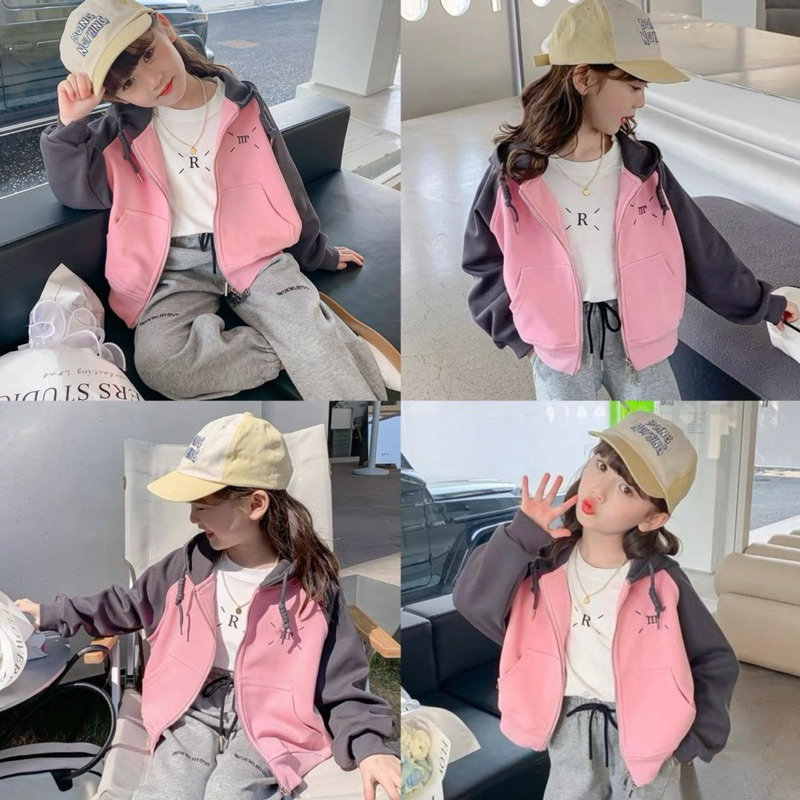 Sweater เสื้อกันหนาวเด็กผู้หญิง(2-12ขวบ)เสื้อแขนยาว มีฮู้ด มีซิปด้านหน้า ลายสกรีน ผ้าสำลีหนานุ่ม ใสกันหนาวได้ค่า M-222