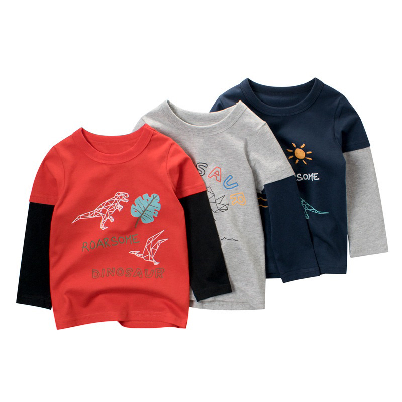 27kids เสื้อแขนยาวเด็ก 3619 ไดโนเสาร์ DINOSAUR แดง เทา กรม