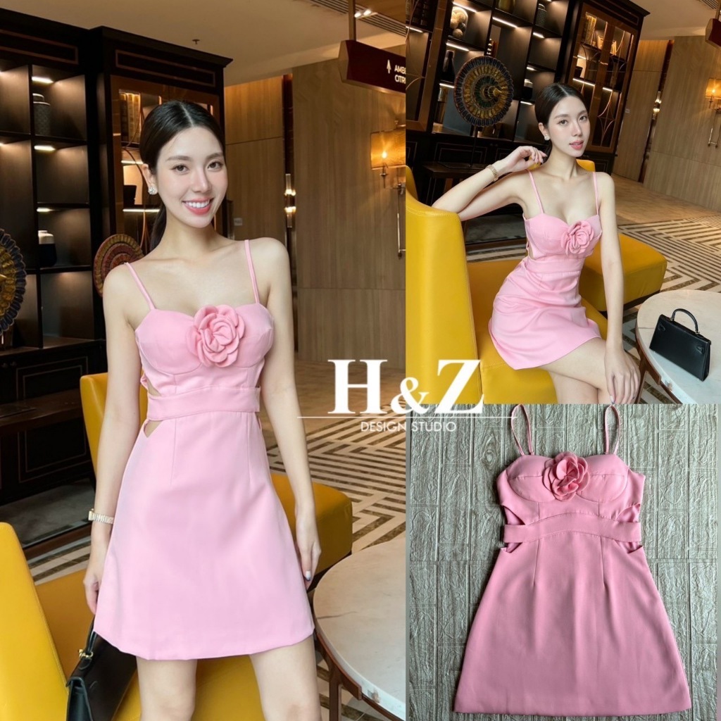 H&Z DESIGN STUDIO HZ001 ชุดมินิเดรสสายเดี่ยวสีชมพู