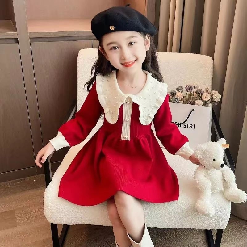 [Y D]300 พร้อมส่ง ชุดเดรสMiniไหมพรมแขนยาว คอบัวแต่งไข่มุข(ผ้านิ่มยืดหยุ่น) เด็กผู้หญิง