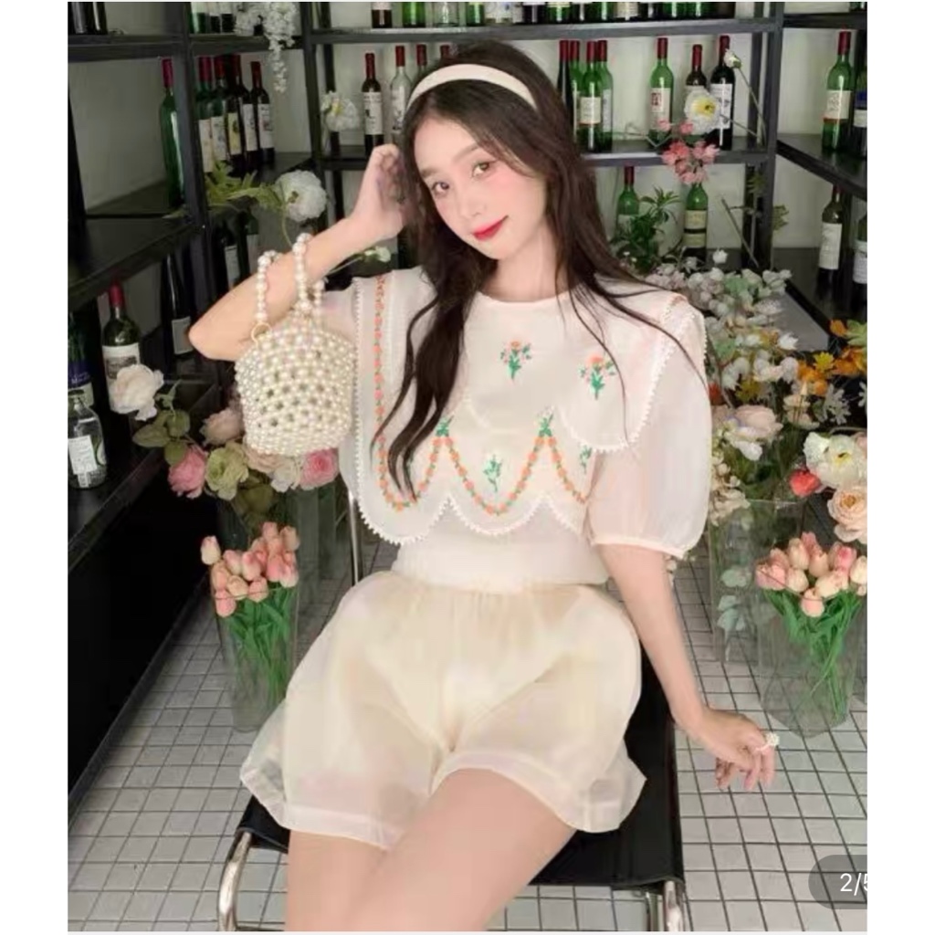 Pizza Outfit ชุดเชตเสื้อ กางเกง มีซับในในตัว ปกปักดอกไม้สวยมาก