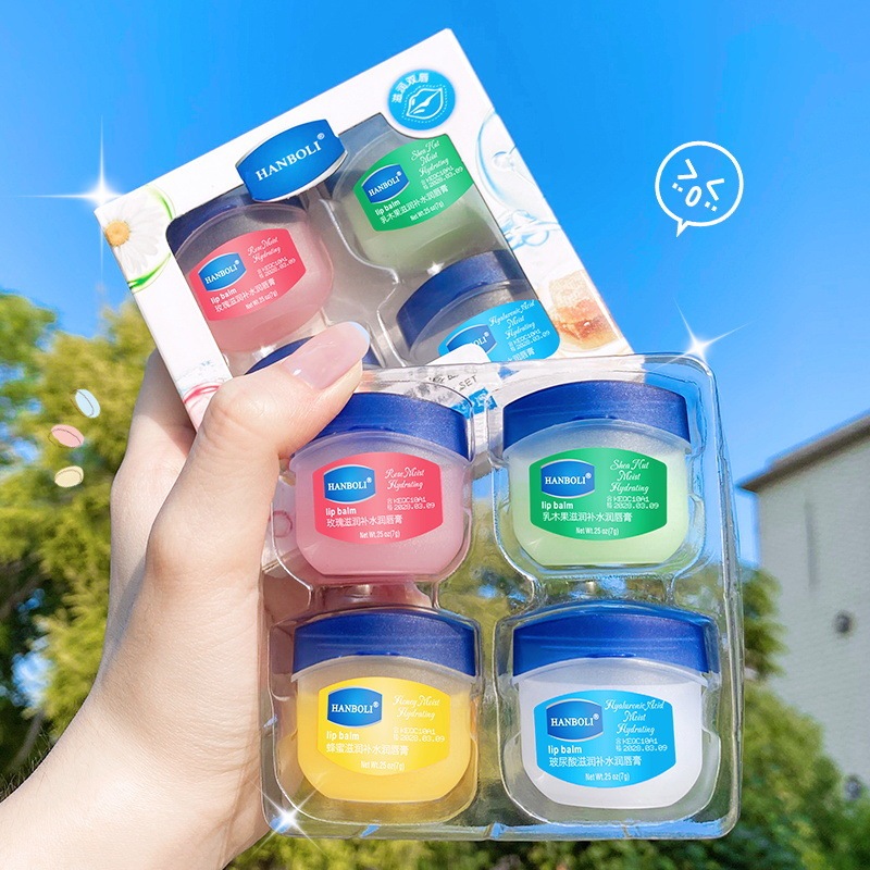 👑Dan8686  เซตลิป Vaseline Hanboli​ 4 กระปุก ลิปบำรุงริมฝีปาก ช่วยฟื้นบำรุงริมฝีปากให้นุ่มอม​ชมพู​