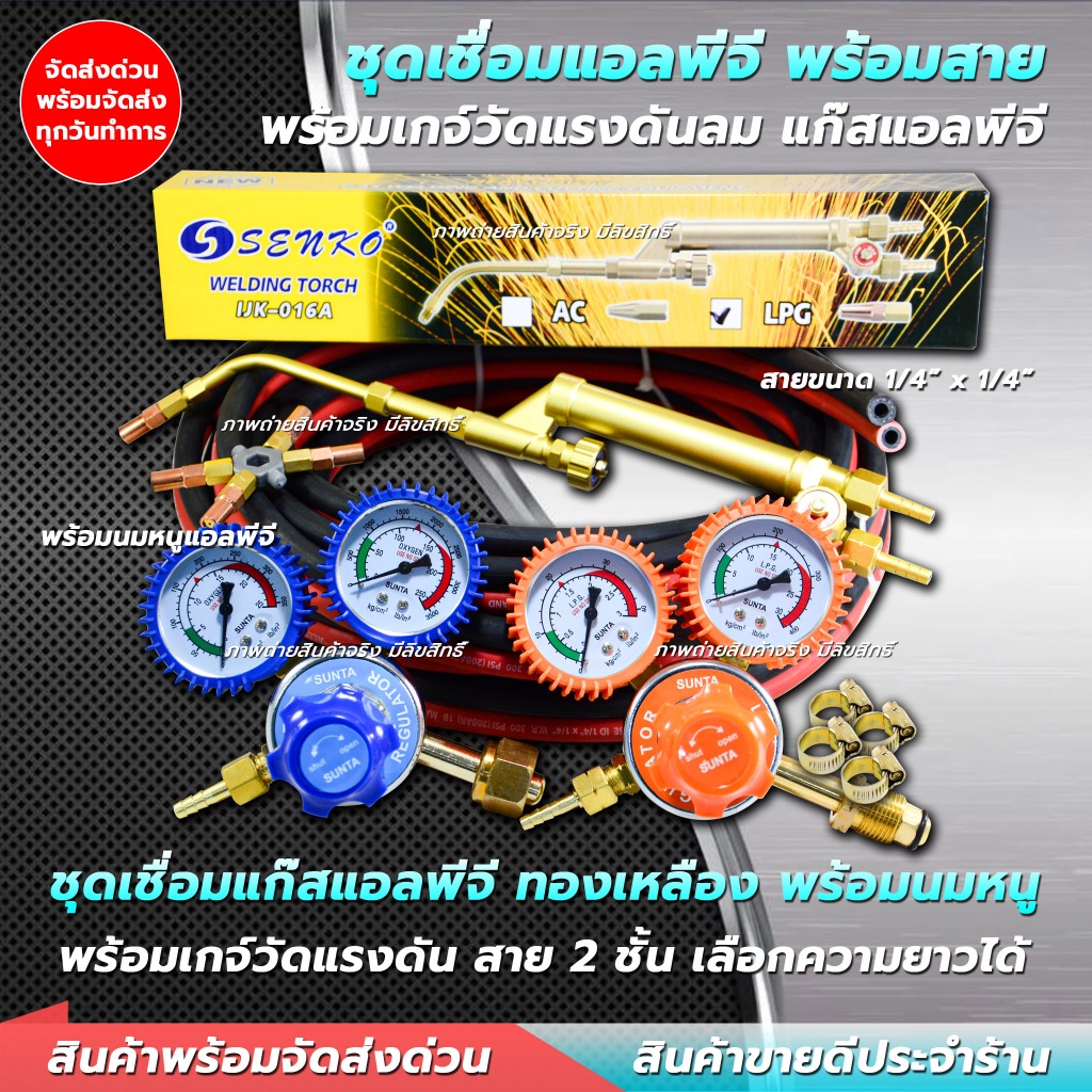 ชุดเชื่อม LPG ครบเซ็ทพร้อมใช้งาน ทองเหลืองแท้ !! เกจ์ลม-เกจ์แก๊ส พร้อม สายลมคู่ แถมฟรีนมหนู 5 ขนาด ชุดหลอมทอง เป่าทอง