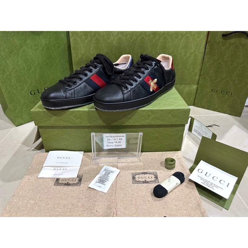 ❤️Used Like Very New GUCCI BLACK BEE ACE SNEAKERS Size7.5G วัดซอฟ 27.5CM  ปี 22เดือน12