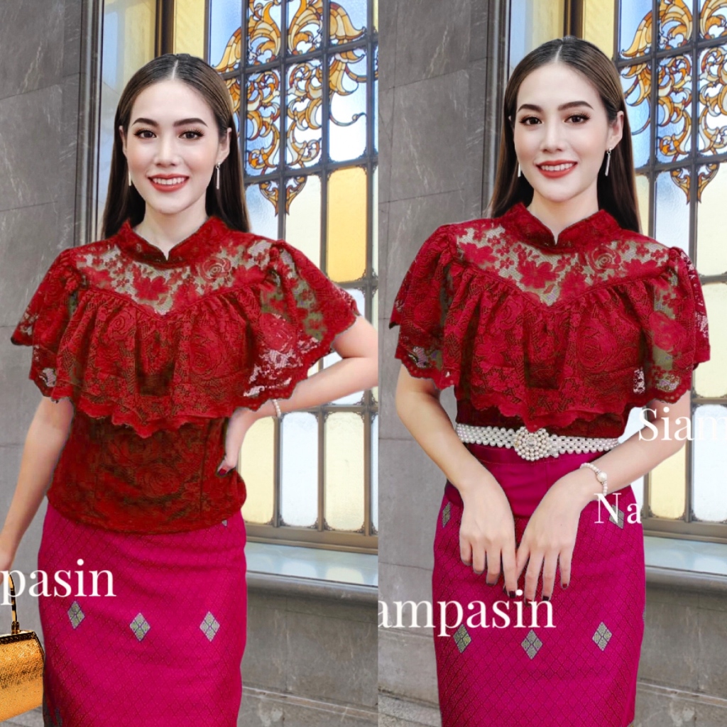SPS🌸 เสื้อลูกไม้ เกรดพรีเมี่ยม ผ้านุ่มสวย อก 32 34 36 38 40 42 44, 3XL 46 47 48 49 50 นิ้ว สีแดง ชุด