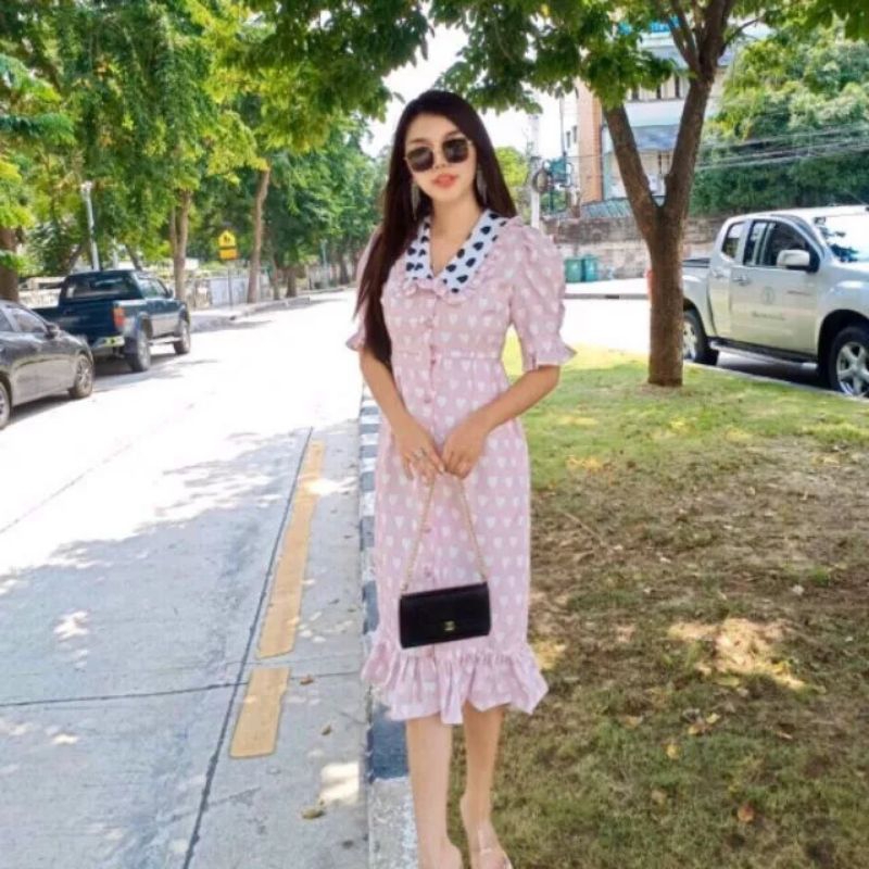 (L) พร้อมส่ง🌷ชุดเดรสยาวสีชมพูลายหัวใจแต่งคอปก งานป้าย Bo rich ta แท้ มือ1 ป้ายห้อย