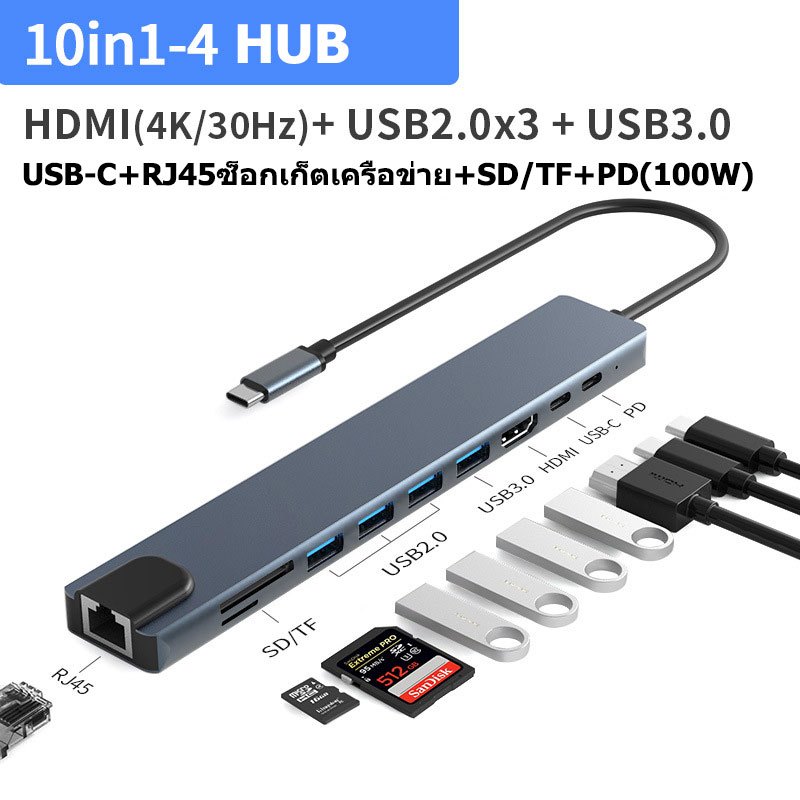 อะแดปเตอร์ฮับ 7-in-1 Type C HUB เป็น USB 3.0 + USB + HDMI 4K + USB-c + PD100w + RJ 45 100Mbps + SD/TF USB C HUB 3.5 มม