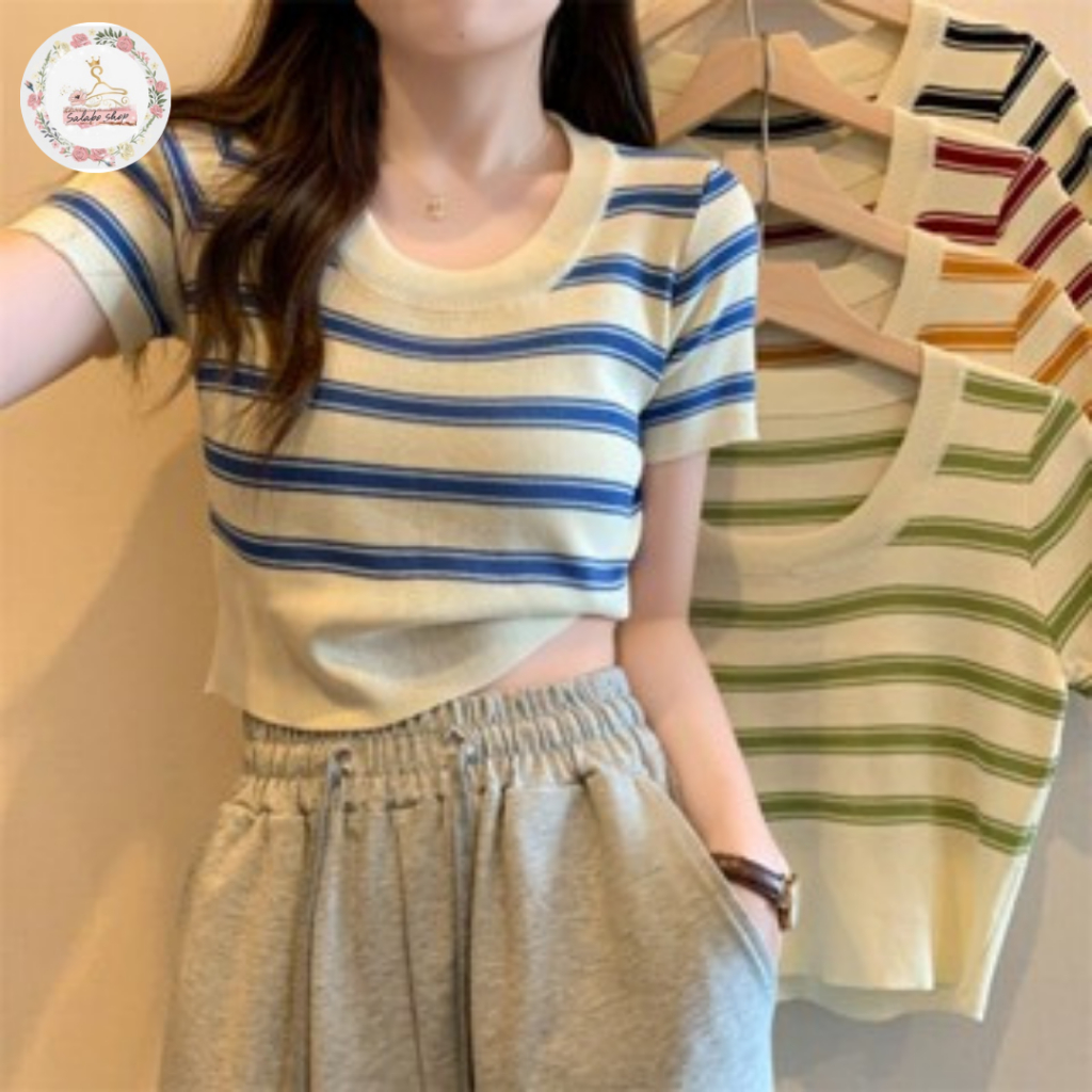 เสื้อครอปไหมพรม ลายทาง สีสวย ผ้านิ่มใส่สบาย สไตล์เกาหลี มีพร้อมส่ง 5สี #A44