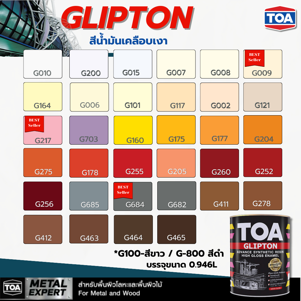 สีน้ำมัน ทีโอเอ กลิปตั้น สีเคลือบเงา TOA Glipton ขนาด 0.946L. สีทาเหล็ก สีเคลือบเงา ทาไม้ สีกันสนิม ทาได้ทั้งภายในและภาย