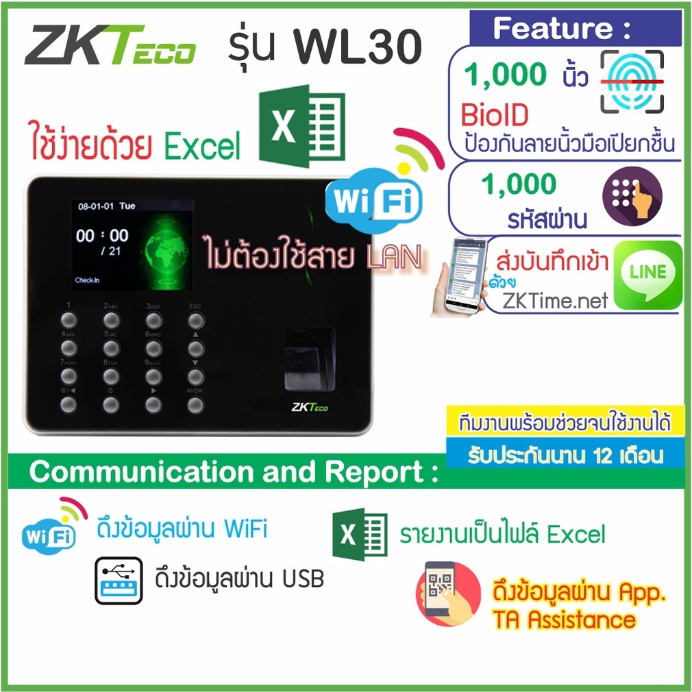 เครื่องสแกนลายนิ้วมือ WIFI บันทึกเวลาทำงาน ใช้งานง่ายด้วย Excel แทนเครื่องตอกบัตรได้ ZKTeco Thai01 D