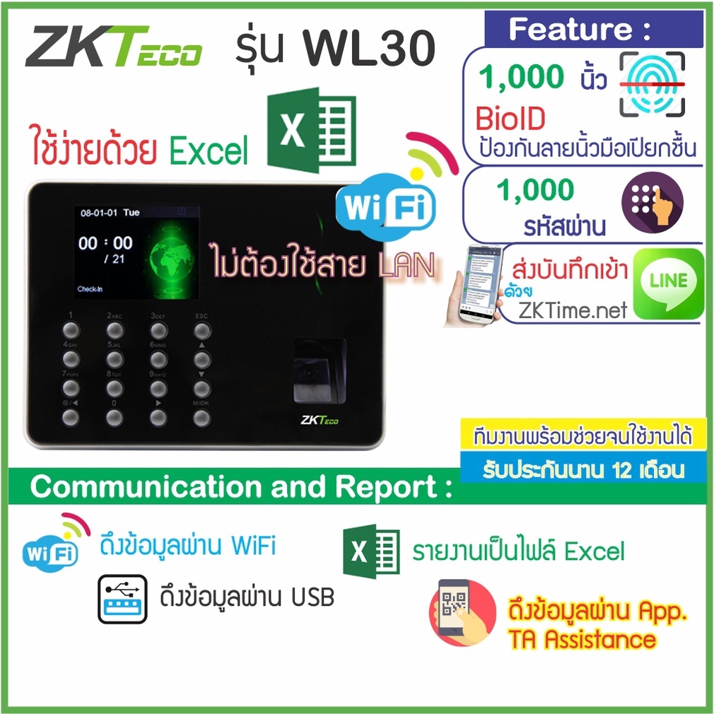 เครื่องสแกนลายนิ้วมือ WIFI บันทึกเวลาทำงาน ใช้งานง่ายด้วย Excel แทนเครื่องตอกบัตรได้ ZKTeco Thai01 D1 WL20