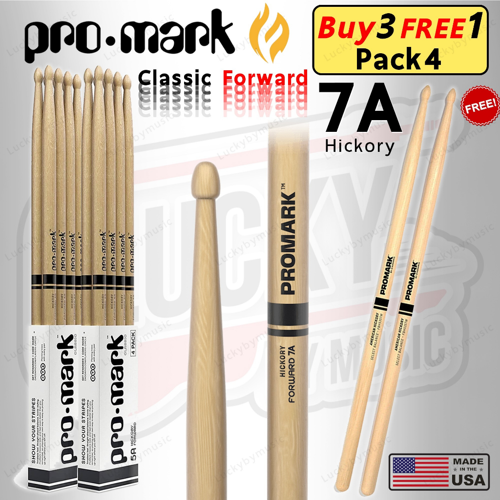 [แพ็คสุดคุ้ม!! ] Promark Classic Forward ไม้กลอง ขนาด 7A Hickory แบบแพ็ค 4 คู่ ของแท้100% ไม้ตีกลอง น้ำหนักดี จับถนัดมือ