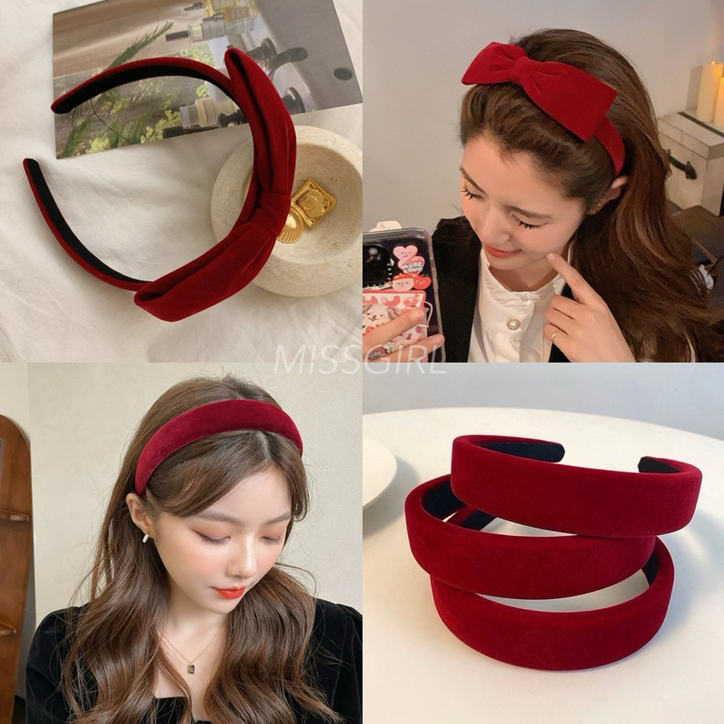 ♥️ MISSGIRL - Red velvet hair band (โบว์ข้าง) คาดผมกำมะหยี่สีแดง คาดผมตรุษจีน