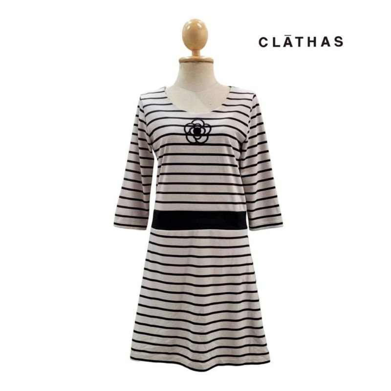 CLATHAS Striped Scoop-Neck 3/4 Sleeve Dress