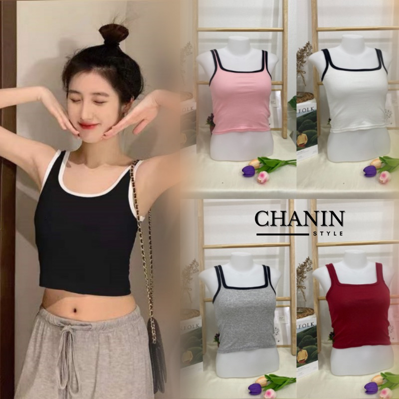 ✨CHANIN.STYLE✨เสื้อครอปกล้ามทูโทนกุ๊นแขน สวยน่ารัก ผ้ายืด แมทช์ง่าย มีปลายทาง