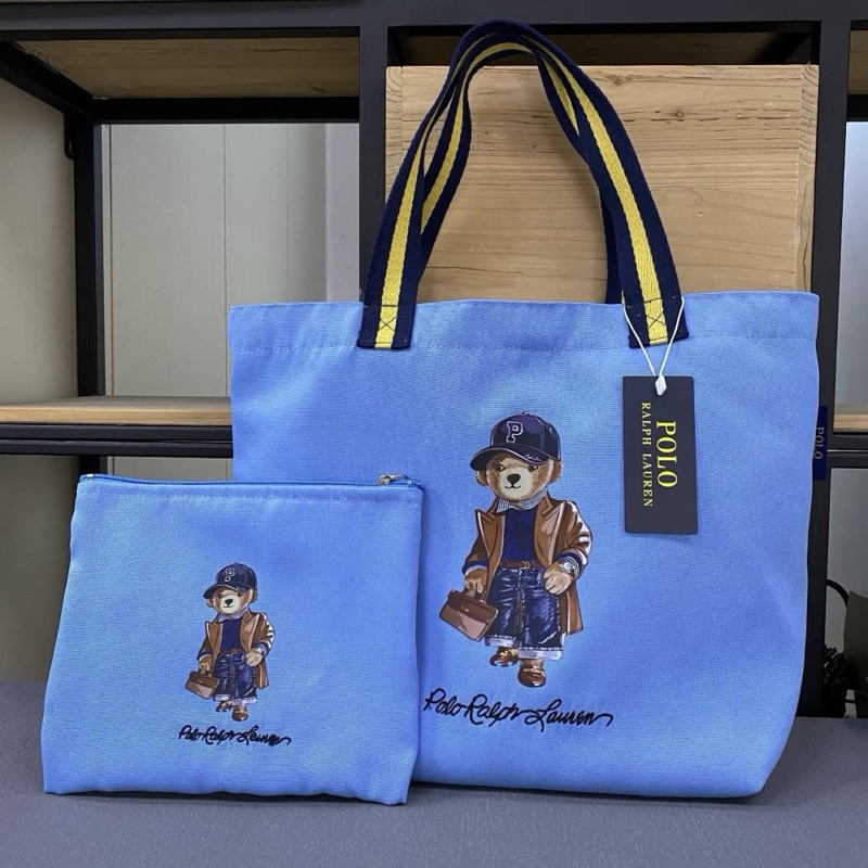 กระเป๋าสะพาย สีฟ้า Polo Ralph Lauren Flag Polo Bear Tote Shoppers set