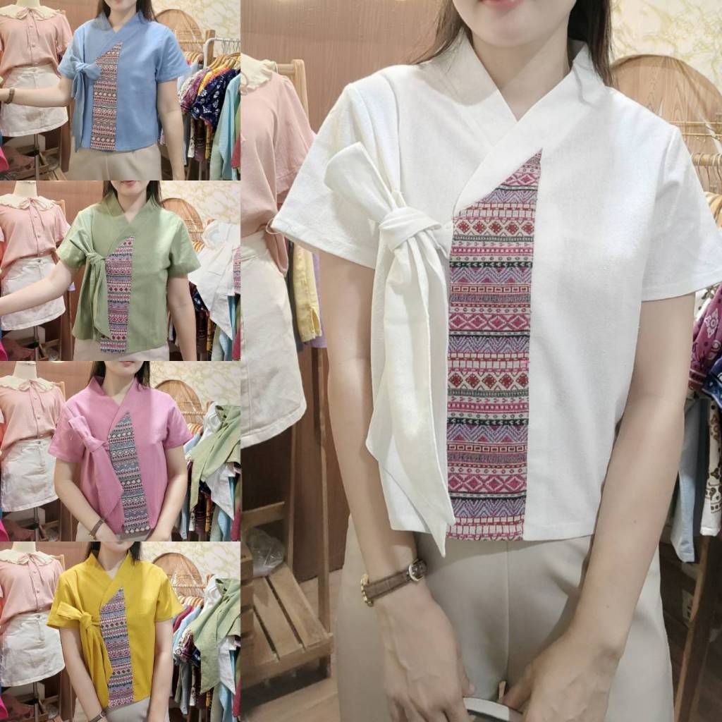 เสื้อผ้าฝ้ายฮันบก แต่งผ้าทอลายแถบด้านหน้า