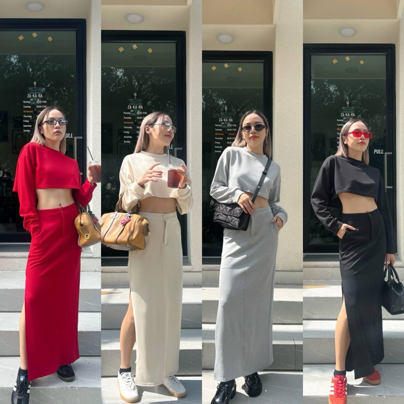พร้อมส่ง Mute - Crispy set ชุดเซ็ต2ชิ้น เสื้อครอปเเขนยาว+กระโปรงยาว ทรงสวย ผ้าดีมา