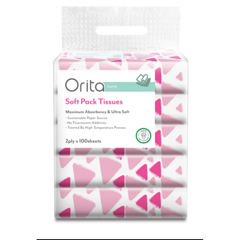 กระดาษทิชชู่ Orita หนา2ชั้น ห่อละ100แผ่น เนื้อเนียน นุ่ม สะอาด ไร้ฝุ่น