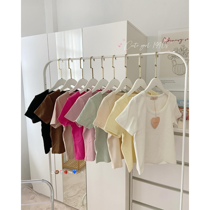 ST633 Basic crop top เสื้อครอปผ้าร่องเล็กคอกลม แขนสั้น สีพื้นพาสเทลน่ารักๆ