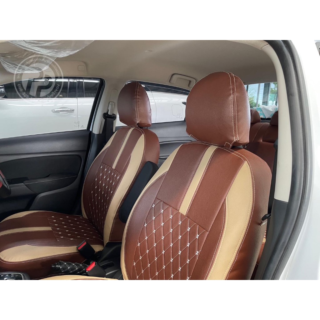 ชุดหุ้มเบาะสวมทับเข้ารูปตรงรุ่น Mitsu. attrage ทุกปี ลาย 5 D สีน้ำตาลขอบครีม หุ้มเบาะพีพีออโต้สปอร์ต