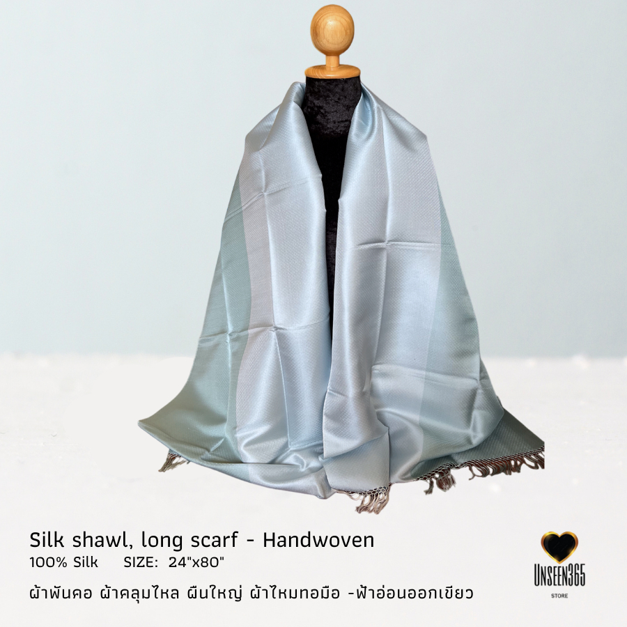 ผ้าพันคอ-คลุมไหล่ ผ้าไหมทอมือ Long scarf,shawl handwoven silk, size:24"x80" LGT-04Turquoise จิม ทอมป์สัน Jim Thompson