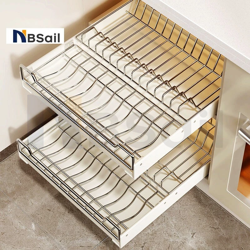 NBSail⭐ไม่ต้องเจาะรู⭐ชั้นวางจานแบบลิ้นชักพร้อมรางเลื่อน ชั้นวางจานสแตนเลส ตู้เก็บเครื่องปรุงบิวท์อิน ชั้นวางของในครัว