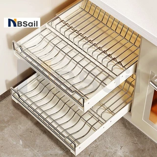 NBSail⭐ไม่ต้องเจาะรู⭐ชั้นวางจานแบบลิ้นชักพร้อมรางเลื่อน ชั้นวางจานสแตนเลส ตู้เก็บเครื่องปรุงบิวท์อิน ชั้นวางของในครัว