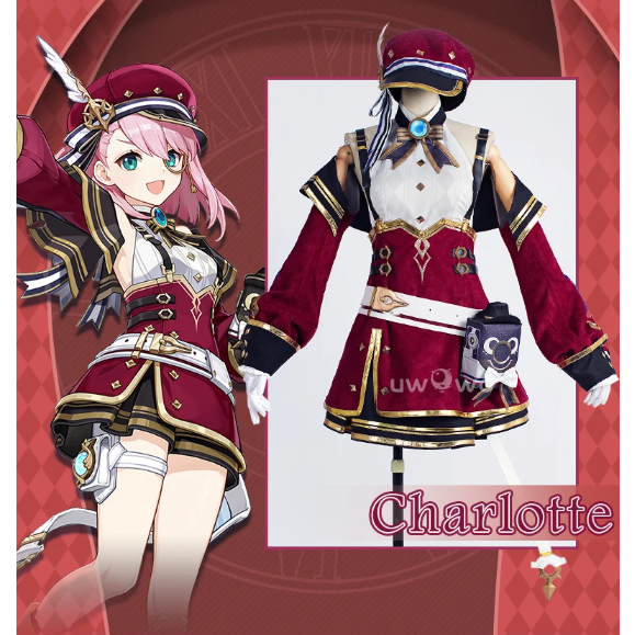 คอลเลกชัน UWOWO Collab: เกม Genshin Impact Charlotte คอสเพลย์ชุดเต็มฮาโลวีนคาร์นิวัล Costu