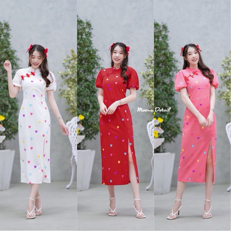 กี่เพ้า พร้อมส่ง!! เดรสแขนตุ๊กตางานผ้าไหมญี่ปุ่นลายหัวใจหลากสี ติดกระดุมจีนด้านหน้า