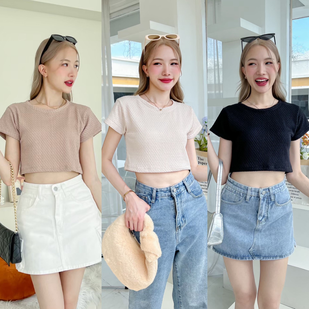 88story.th - Tommy top 4 สี พร้อมส่ง เสื้อครอปคอกลมผ้าทอย่น มีเทคเจอร์ เนื้อผ้าอย่างดีไม่บางเนื้อนุ่มมาก everyday look
