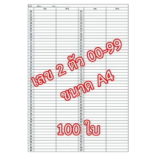 โพยเลข โพยหวย ตาราง เลข 00-99 กระดาษ ขนาด A4 จำนวน 50 / 100 / 200 ใบ บน ล่าง โพยเบอร์
