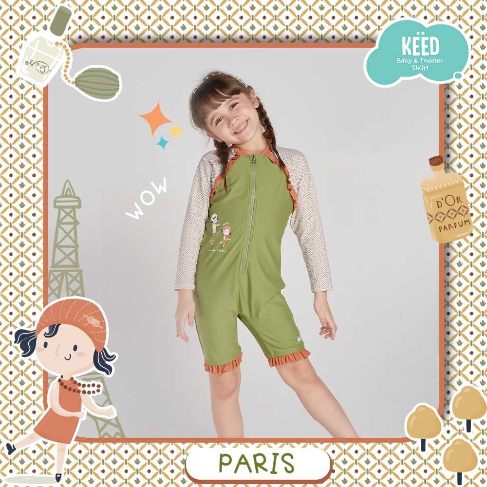 KEED  :  ชุดว่ายน้ำบอดี้สูท แขนยาว ตกแต่งด้วยระบาย สกรีนการ์ตูน >> PARIS << *122PA*