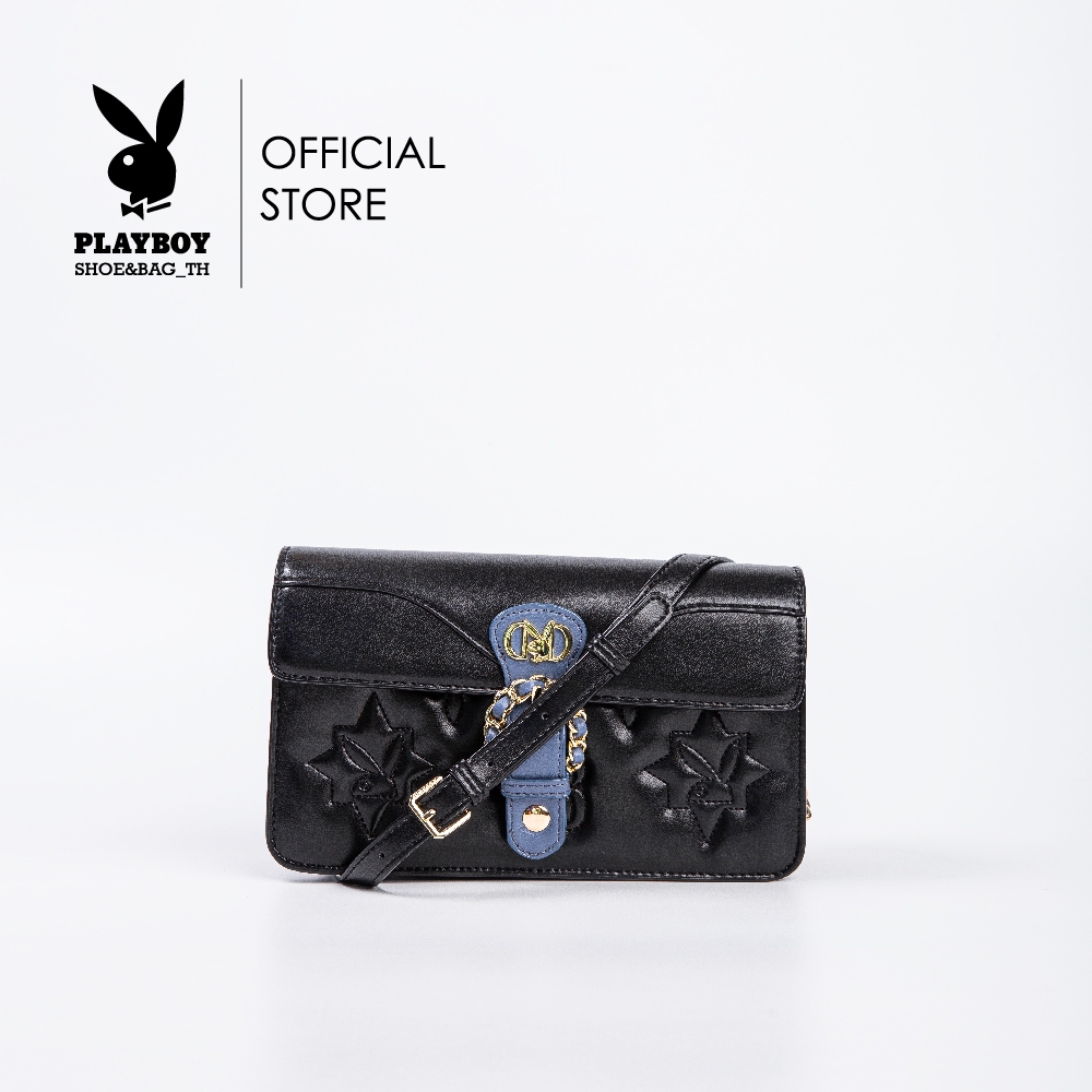 Playboy กระเป๋าสะพายข้างผู้หญิง รุ่น ST-B234PB545 กระเป๋าเย็บนวมปั๊มจมฝาแต่งอะไหล่โซ่สอดหนัง มี 2 สี สีดำและสีชมพู
