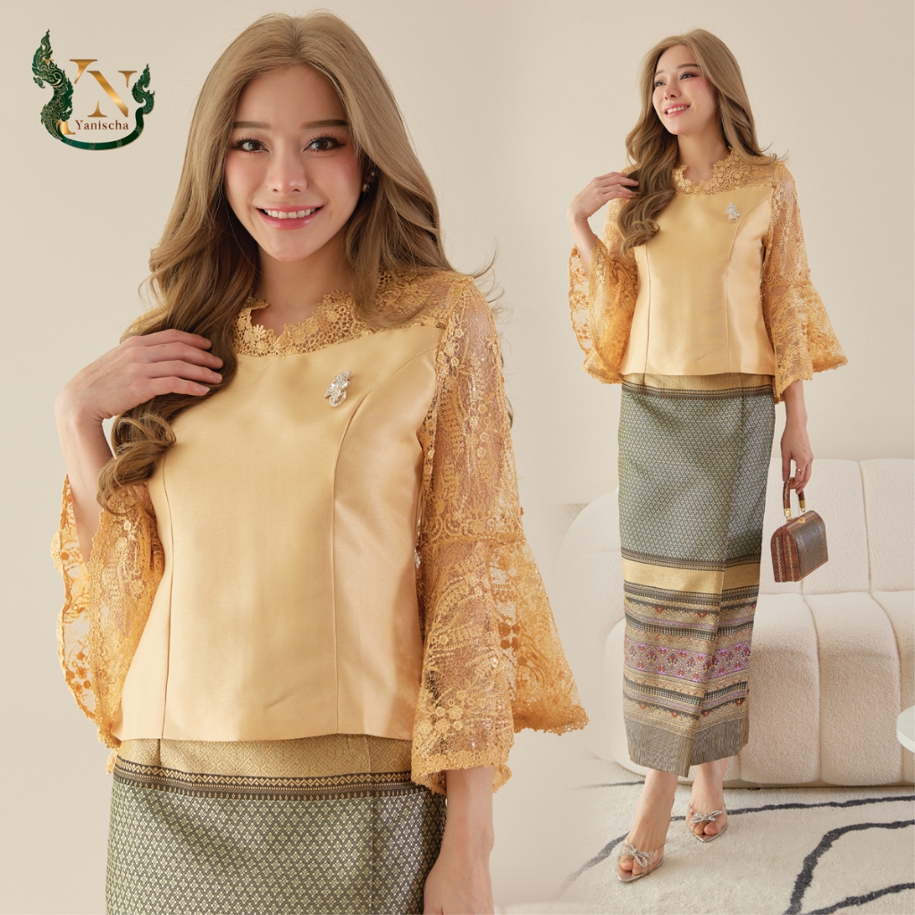 เสื้อไหมญี่ปุ่น แต่งแขนระย้า ผ้าลูกไม้ใยบวบ ชุดออกงาน ไปวัด ทำบุญ - ผ้าไหมแพรวา ทอลายกาฬสินธุ์ (ทองน้ำผึ้ง)