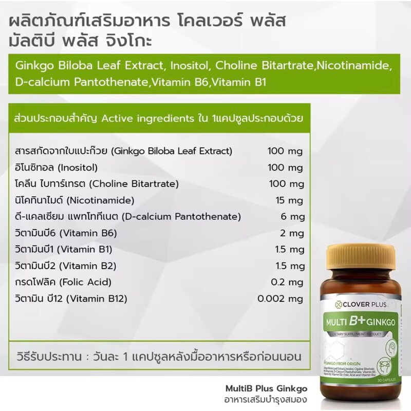 Clover Plus Multi B+ Ginkgo มัลติบี พลัส จิงโกะ สารสกัด ใบแป๊ะก๊วย บำรุงสมอง ความจำ ระบบปลายประสาท