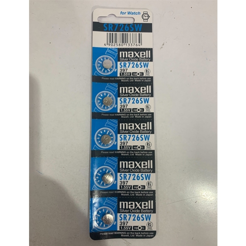 ถ่านกระด Maxell SR726SW/ 397 / 1.55V. อย่างดี จำหน่ายยกแผง (1แผง มี 5เม็ด)