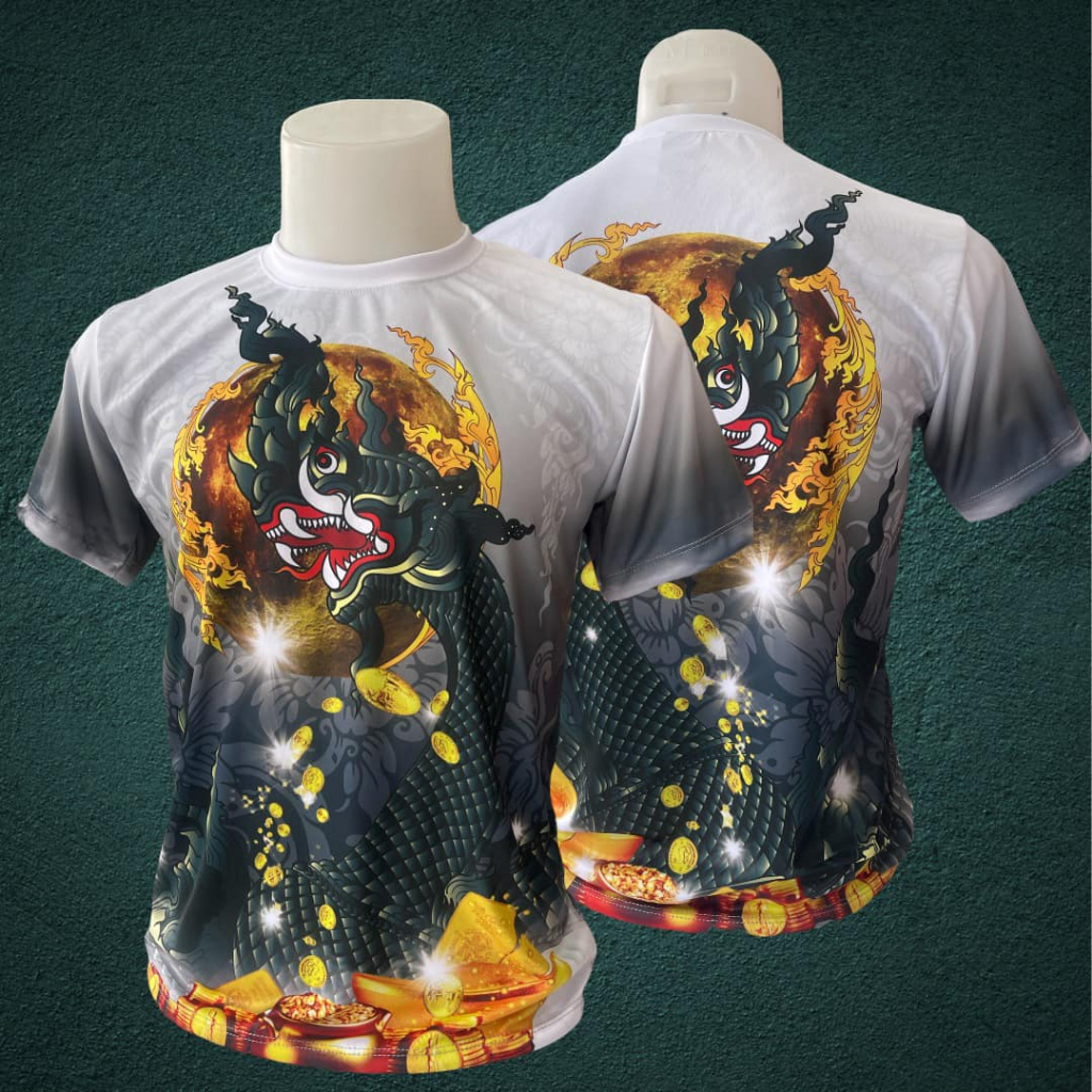 เสื้อลาย องค์ดำแสนสิริจันทรา พญานาค ลายไทย องค์เทพ คอกลม สีดำ กีฬา งานพิมพ์