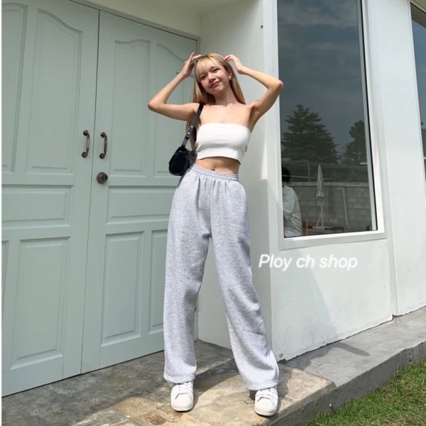 Ploy ch shop กางเกงวอร์มขาปล่อย ผ้าสำลี รุ่นสูง 155 165 170 175ซม. ยาว 37 39 41นิ้ว