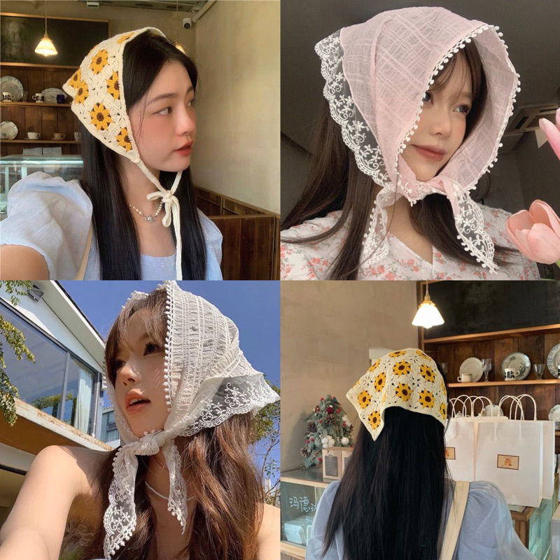 พร้อมส่งมากๆ ผ้าโพกผมสุด cute ผ้าผูกผมขอบลูกไม้ ไปทะเล