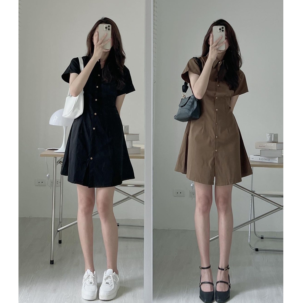 cherryshop มินิเดรส เสื้อเชิ้ตผู้หญิงคอหวานกระโปรง กระโปรงทรงเอสีน้ำตาลแขนสั้นพอดีตัว