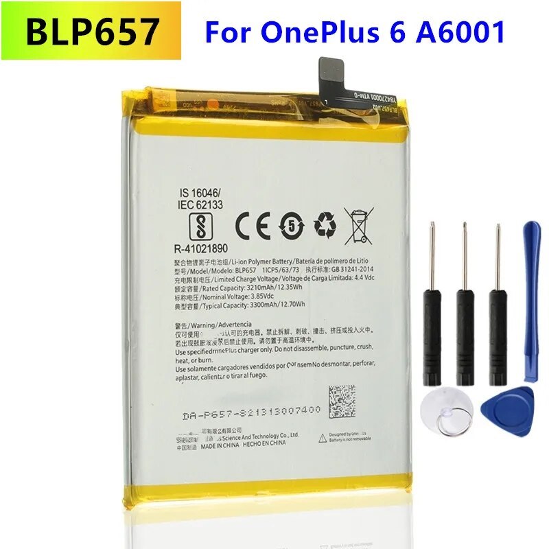แบตเตอรี่ ของแท้ใหม่สำหรับ OnePlus 6 A6001 Oneplus6 One Plus 6/ BLP657 ความจุแบตเตอรี่ 3300mAh Li-ion+ เครื่องมือถอดฟรี