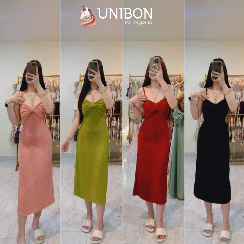 U14 เดรสยาวสายเดี่ยว โบว์อกน่ารัก ทรงเข้ารูป ผ้านิ่มเด้ง เรียบหรูดูแพง สายปรับได้จ้า เดรสยาวไปทะเล