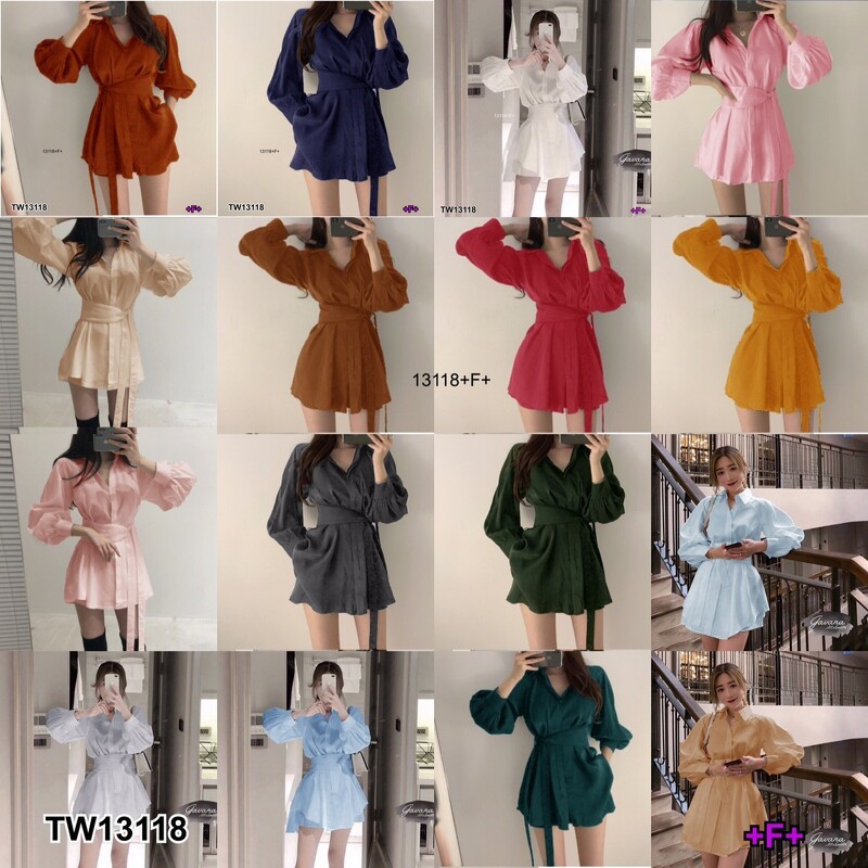 CS13118  Set 3ชิ้น Set 3 ชิ้น เสื้อแขนยาวคอปก+กางเกงขาสั้น+สายคาดเอว Set of 3 pieces. Set of 3 piece